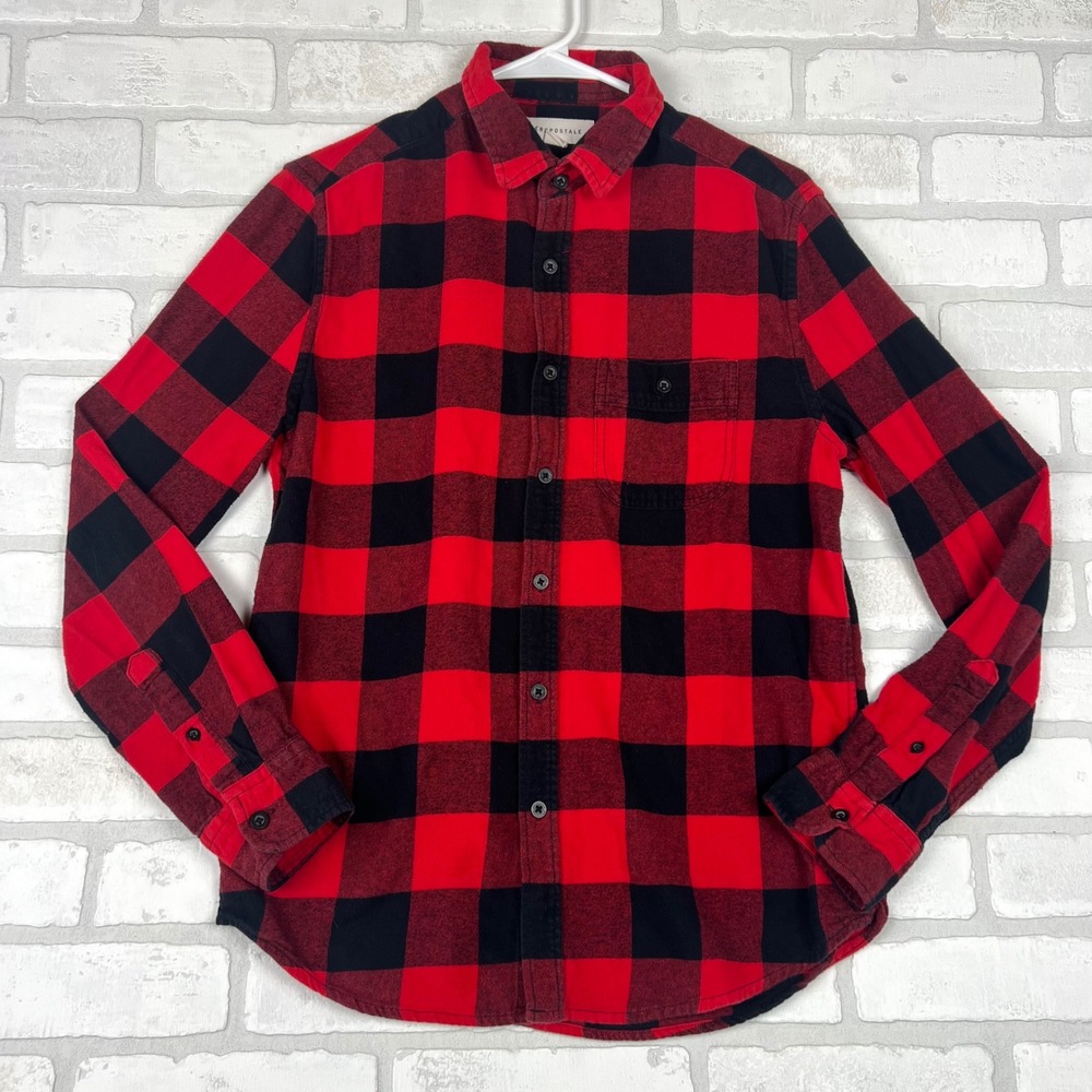 Aeropostale Men's Red Black Buffalo Plaid‎ Long Sleeve Button Up Shirt Size S